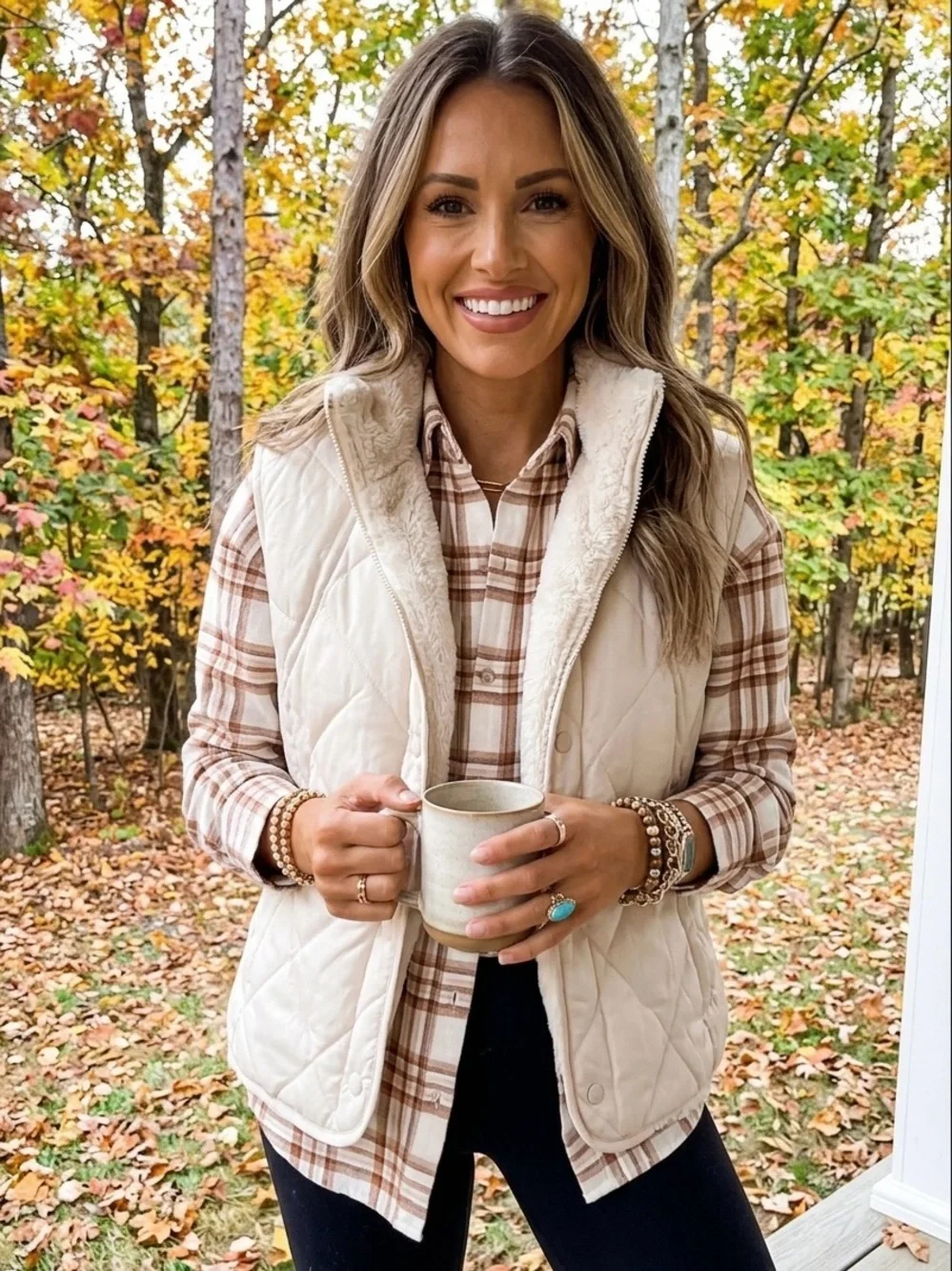 Reversible Plush Faux Fur and Quilted Vest Zip Up Cream White Cozy Warm Layering